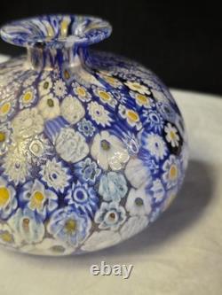 Vtg Gumps San Francisco Murano Millefiori Blue And Gold Fleck 4.5 Glass Vase