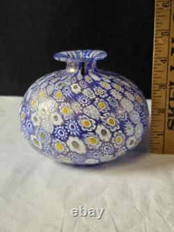 Vtg Gumps San Francisco Murano Millefiori Blue And Gold Fleck 4.5 Glass Vase
