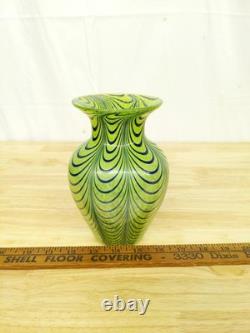Vtg Kralik Glass Vase Green Blue Pulled Loop Swirl Art Nouveau Bohemian Mottled