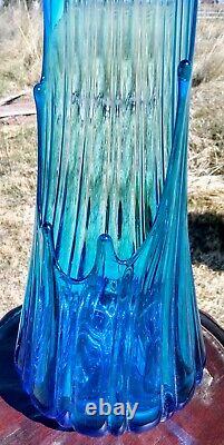 Vtg L. E. Smith 9 Petal Bluenique Ribbed Swung Art Glass Vase 27 T RARE