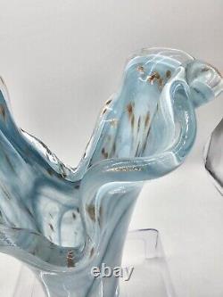 Vtg LARGE MURANO Italian Handblown & Swung Art Glass Blue & Gold Wave Vase MCM