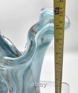 Vtg LARGE MURANO Italian Handblown & Swung Art Glass Blue & Gold Wave Vase MCM