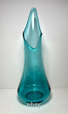 Vtg LE Smith Art Glass Smooth Smoothie Swung Vase Peacock Blue 18 MCM