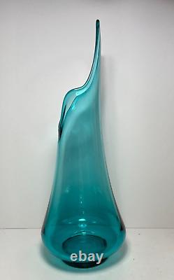 Vtg LE Smith Art Glass Smooth Smoothie Swung Vase Peacock Blue 18 MCM