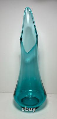 Vtg LE Smith Art Glass Smooth Smoothie Swung Vase Peacock Blue 18 MCM