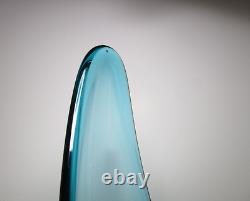 Vtg LE Smith Art Glass Smooth Smoothie Swung Vase Peacock Blue 18 MCM