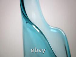 Vtg LE Smith Art Glass Smooth Smoothie Swung Vase Peacock Blue 18 MCM