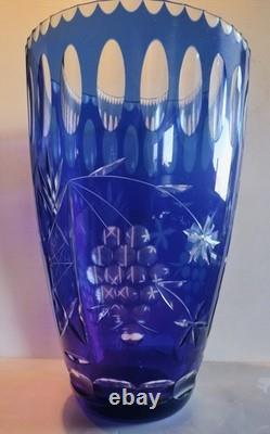 Vtg. Large 12 Cobalt Blue Bohemian Glass Vase Cut To Clear Grape/Stars Design