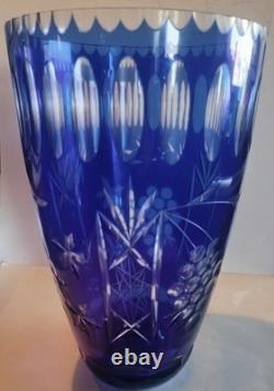 Vtg. Large 12 Cobalt Blue Bohemian Glass Vase Cut To Clear Grape/Stars Design