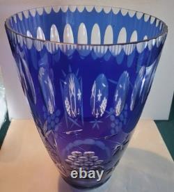 Vtg. Large 12 Cobalt Blue Bohemian Glass Vase Cut To Clear Grape/Stars Design