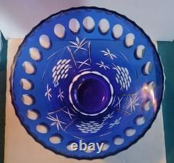 Vtg. Large 12 Cobalt Blue Bohemian Glass Vase Cut To Clear Grape/Stars Design