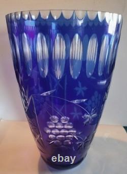 Vtg. Large 12 Cobalt Blue Bohemian Glass Vase Cut To Clear Grape/Stars Design