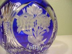 Vtg Lausitzer Cobalt Blue Cut To Clear Crystal Floral Rose Bowl Vase Germany