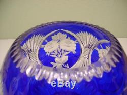 Vtg Lausitzer Cobalt Blue Cut To Clear Crystal Floral Rose Bowl Vase Germany