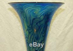 Vtg Lundberg Studio Art Glass 11 Evening Star Flare Vase Blue Iridescent Aurene