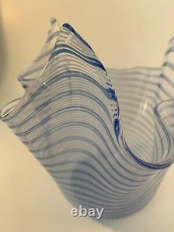 Vtg MCM Italian Murano Art Glass Mezza Filigrana Handkerchief Vase Blue & White