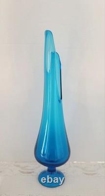 Vtg MCM LE Smith 17.5 Peacock Blue Aqua Smoothie Pedestal Swung Vase READ