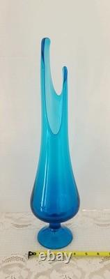 Vtg MCM LE Smith 17.5 Peacock Blue Aqua Smoothie Pedestal Swung Vase READ