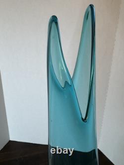 Vtg MCM Peacock Blue Fat Bottom Swung Stretch Glass Vase 21.5 LE Smith