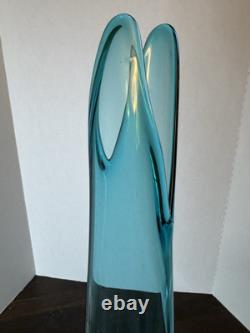 Vtg MCM Peacock Blue Fat Bottom Swung Stretch Glass Vase 21.5 LE Smith