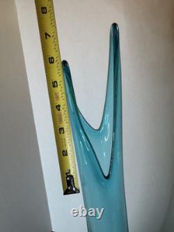 Vtg MCM Peacock Blue Fat Bottom Swung Stretch Glass Vase 21.5 LE Smith