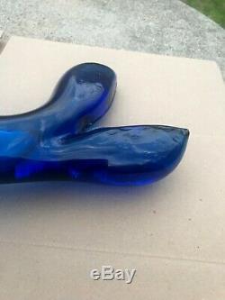 Vtg Mid Century Modern Blenko Blue Hand Blown Art Glass Fish Vase Vessel 20+