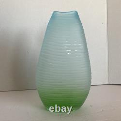 Vtg Murano Alabastro Art Glass Vase 10.5 Frosted Ribbed Blue Green Ombre