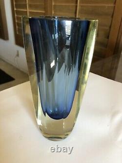 Vtg Murano Sommerso Flavio Poli Style Heavy Art Glass Ciblt Blue/amber Vase