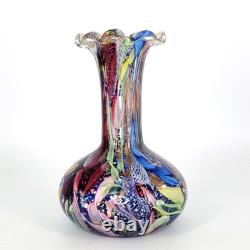 Vtg Murano Tutti Frutti Multi-Color Art Glass Vase Hand-Blown Blue Inside READ