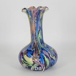 Vtg Murano Tutti Frutti Multi-Color Art Glass Vase Hand-Blown Blue Inside READ