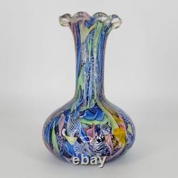 Vtg Murano Tutti Frutti Multi-Color Art Glass Vase Hand-Blown Blue Inside READ
