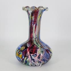 Vtg Murano Tutti Frutti Multi-Color Art Glass Vase Hand-Blown Blue Inside READ