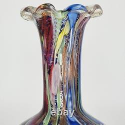 Vtg Murano Tutti Frutti Multi-Color Art Glass Vase Hand-Blown Blue Inside READ