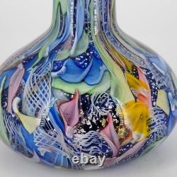 Vtg Murano Tutti Frutti Multi-Color Art Glass Vase Hand-Blown Blue Inside READ