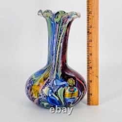 Vtg Murano Tutti Frutti Multi-Color Art Glass Vase Hand-Blown Blue Inside READ