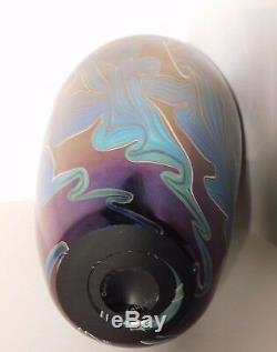 Vtg. Orient & Flume Iridescent Aurene Blue /Green Art Glass Vase 12 1/2'' 1985