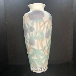 Vtg Phoenix Consolidated Glass Vase Blue Peonies Green Leaves Floral Satin 12.5