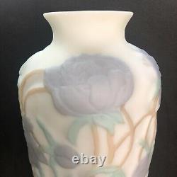 Vtg Phoenix Consolidated Glass Vase Blue Peonies Green Leaves Floral Satin 12.5