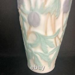 Vtg Phoenix Consolidated Glass Vase Blue Peonies Green Leaves Floral Satin 12.5