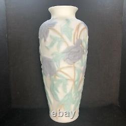 Vtg Phoenix Consolidated Glass Vase Blue Peonies Green Leaves Floral Satin 12.5