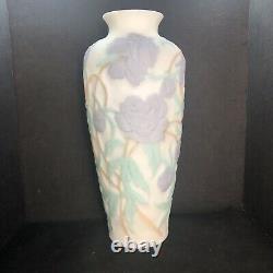 Vtg Phoenix Consolidated Glass Vase Blue Peonies Green Leaves Floral Satin 12.5