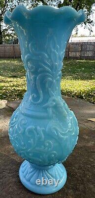 Vtg Portieux Vallerysthal Blue Opaline Milk Glass Vase Unique Goat Heads France