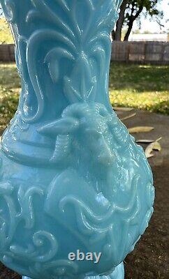 Vtg Portieux Vallerysthal Blue Opaline Milk Glass Vase Unique Goat Heads France