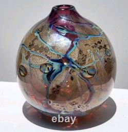 Vtg Signed J Byron Art Glass Vase Cranberry Turquoise Blue Rivers Gold 6 Signed