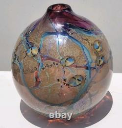 Vtg Signed J Byron Art Glass Vase Cranberry Turquoise Blue Rivers Gold 6 Signed