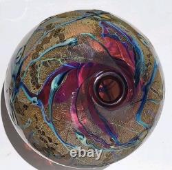 Vtg Signed J Byron Art Glass Vase Cranberry Turquoise Blue Rivers Gold 6 Signed