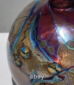 Vtg Signed J Byron Art Glass Vase Cranberry Turquoise Blue Rivers Gold 6 Signed