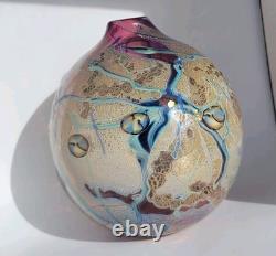 Vtg Signed J Byron Art Glass Vase Cranberry Turquoise Blue Rivers Gold 6 Signed