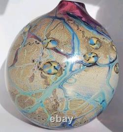 Vtg Signed J Byron Art Glass Vase Cranberry Turquoise Blue Rivers Gold 6 Signed