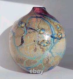 Vtg Signed J Byron Art Glass Vase Cranberry Turquoise Blue Rivers Gold 6 Signed
